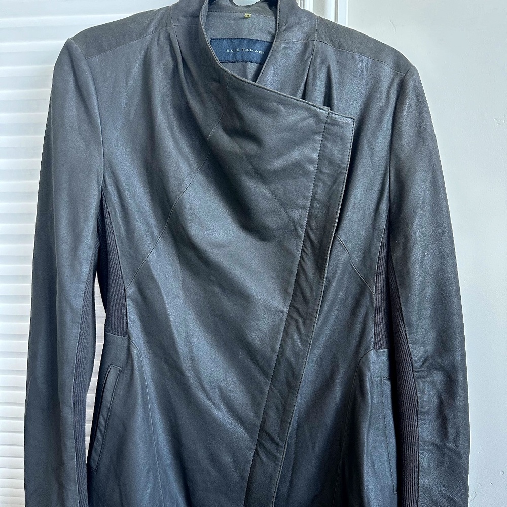Elie Tahari leather jacket w/asymmetric zip closure